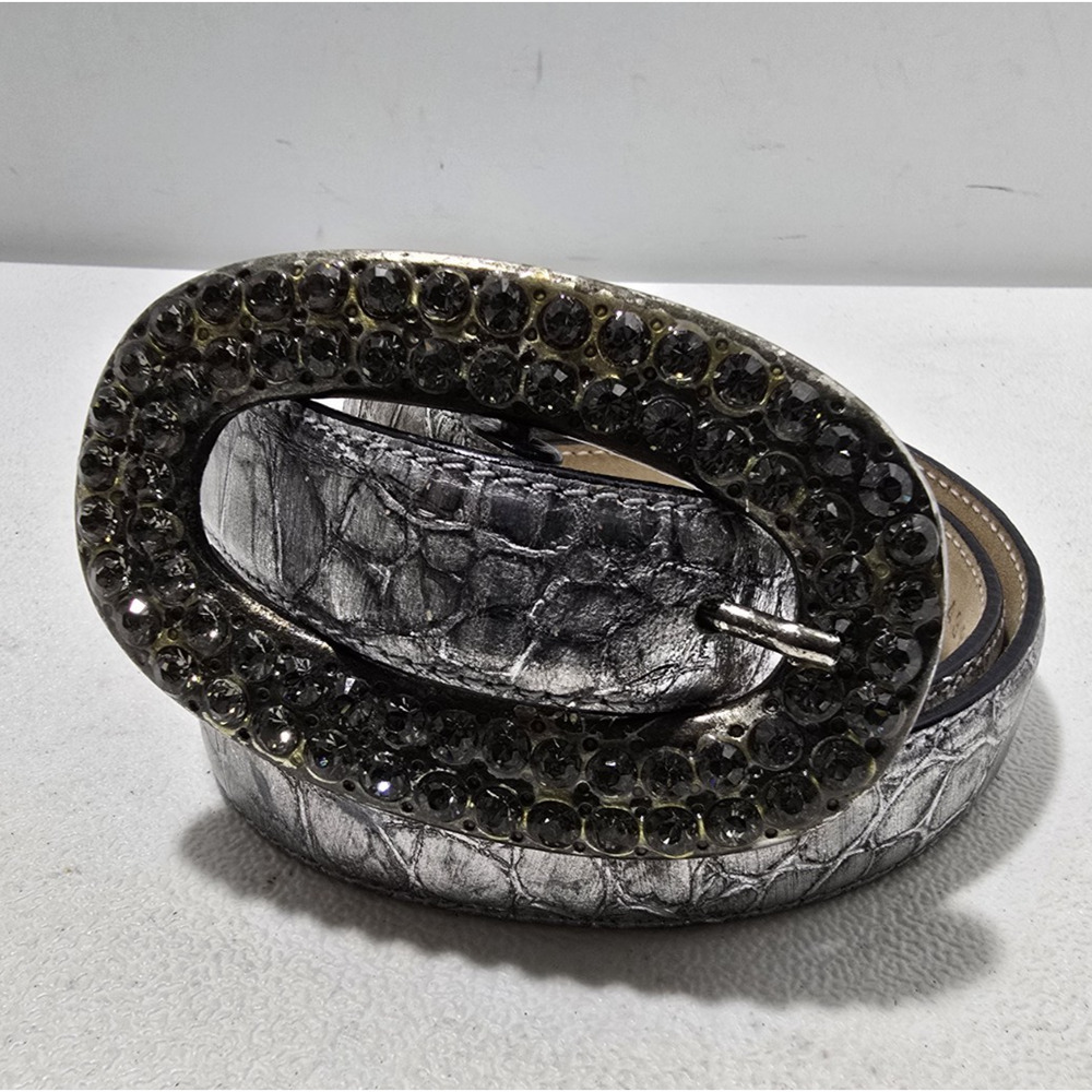 LeatherRock Metallic Silver Leather Belt Rhinestone Buckle Croc Embossed Sz 36” - Picture 2 of 13